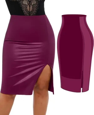 Popilush Shapewear Faux Leather Skirts with Built in Shapewear Tummy Control High Waist Midi Skirt with Shaper for Women