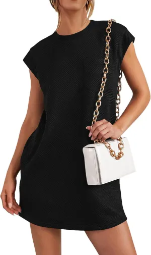 PRETTYGARDEN Women's Summer Short T Shirt Dress Cap Sleeve Crew Neck Casual Loose Basic Mini Dresses