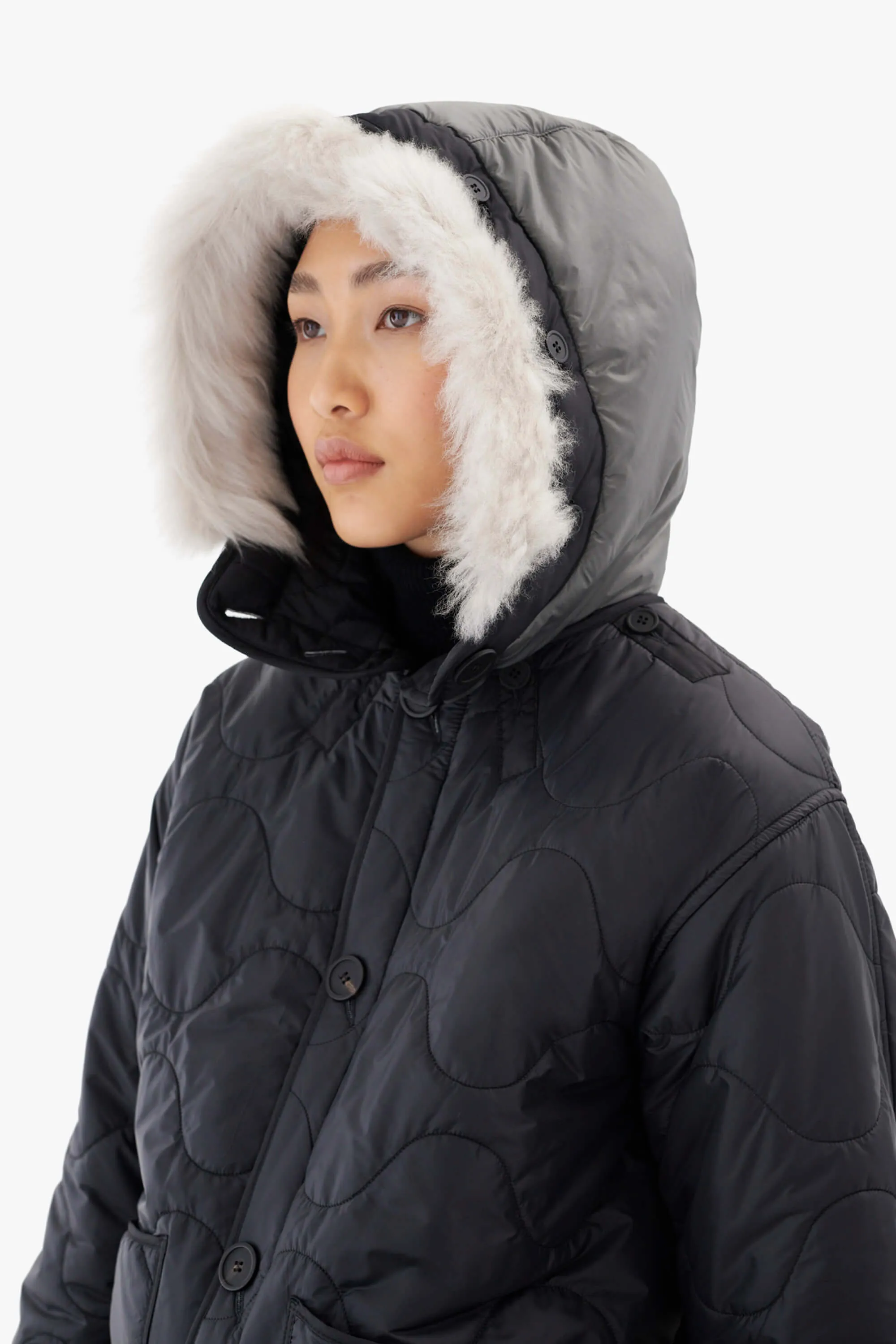 Quilt Hood Shearling Trim - Anthracite / Black