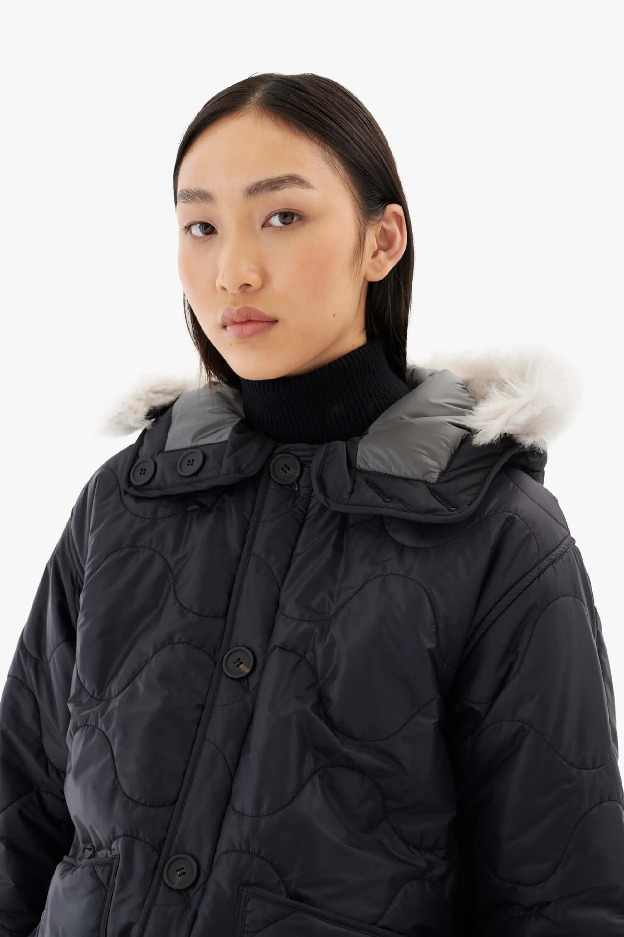 Quilt Hood Shearling Trim - Anthracite / Black