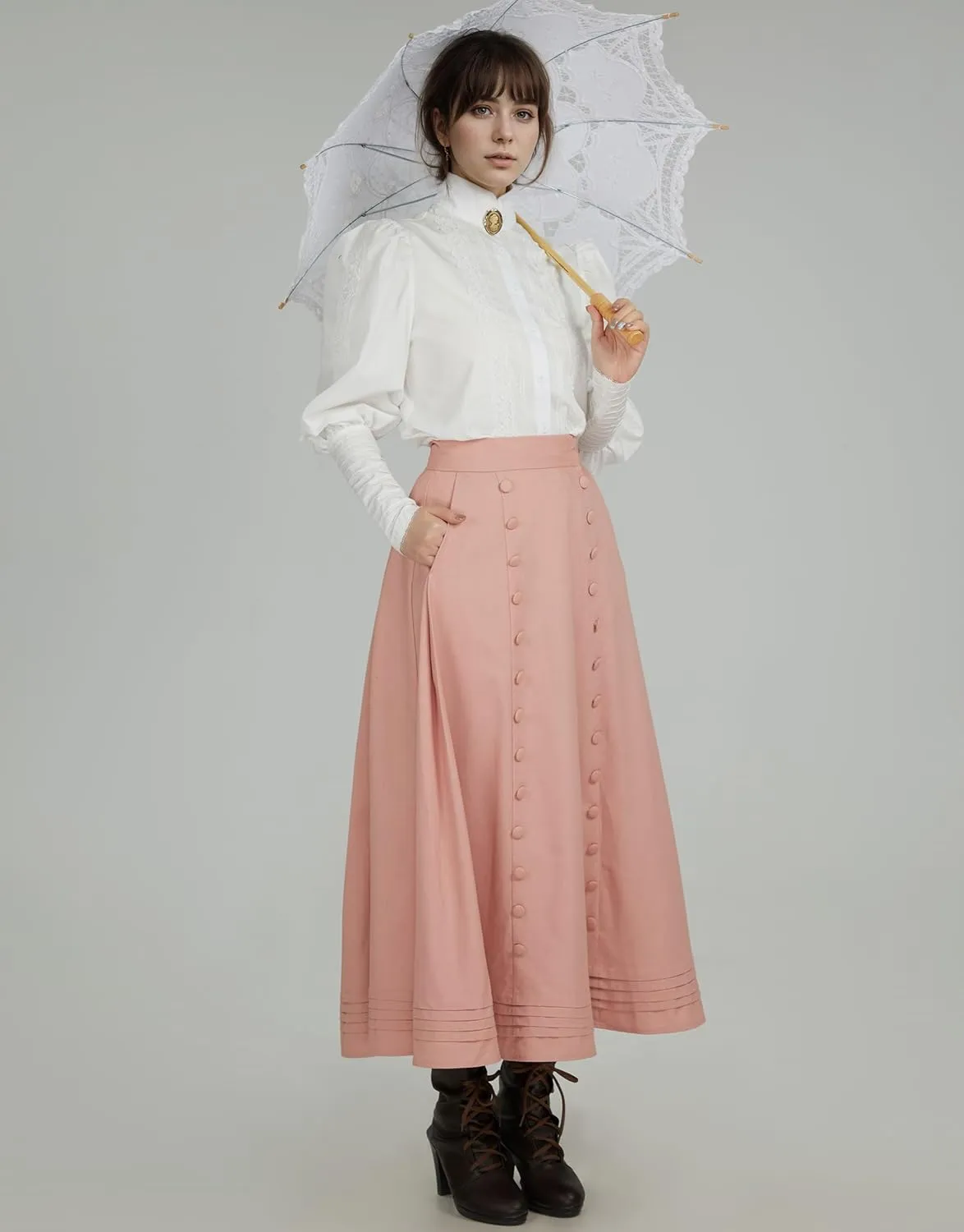 Renaissance Skirt Women High Waist Maxi Skirts for Women Medieval Retro Court Skirt Pink Button Ruffles