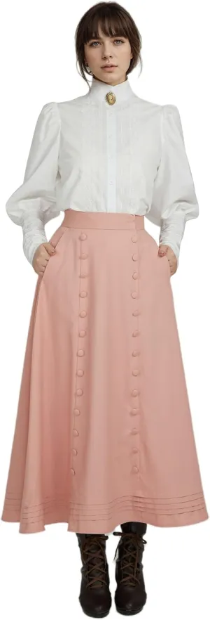 Renaissance Skirt Women High Waist Maxi Skirts for Women Medieval Retro Court Skirt Pink Button Ruffles