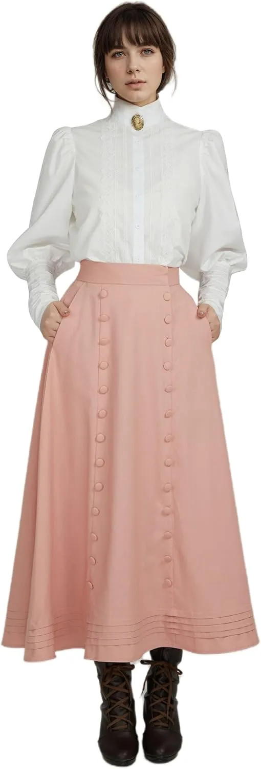 Renaissance Skirt Women High Waist Maxi Skirts for Women Medieval Retro Court Skirt Pink Button Ruffles