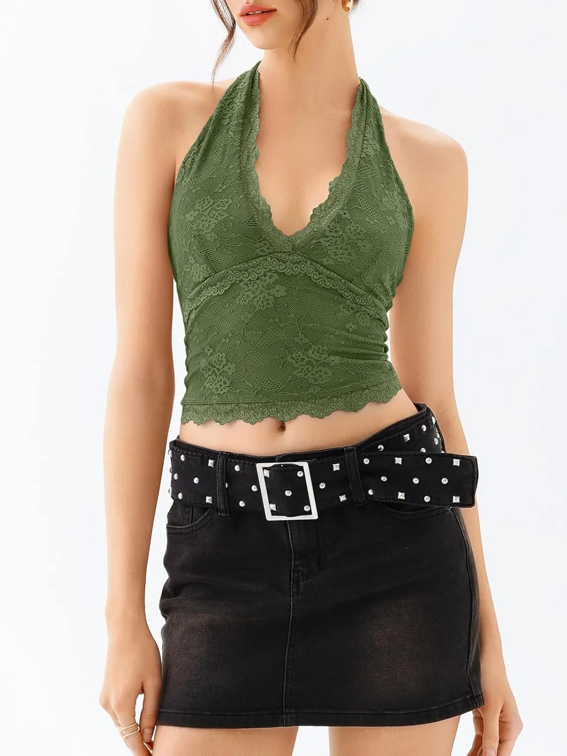 REORIA Womens Sexy V Neck Lace Halter Backless Going Out Double Lined Y2K Trendy Cropped Tank Tops