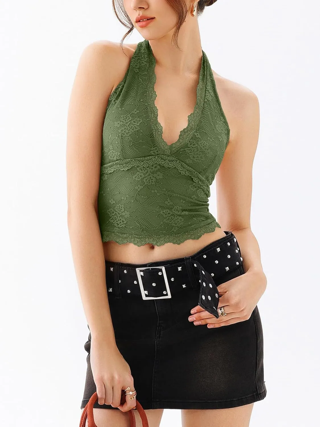 REORIA Womens Sexy V Neck Lace Halter Backless Going Out Double Lined Y2K Trendy Cropped Tank Tops