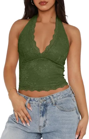 REORIA Womens Sexy V Neck Lace Halter Backless Going Out Double Lined Y2K Trendy Cropped Tank Tops