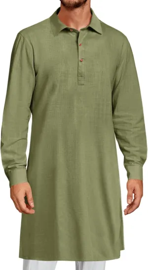 Runcati Mens Kaftan Robe Thobe Button Down Long Sleeve Cotton Linen Casual Muslim Gown Polo Shirt Kurta Tops