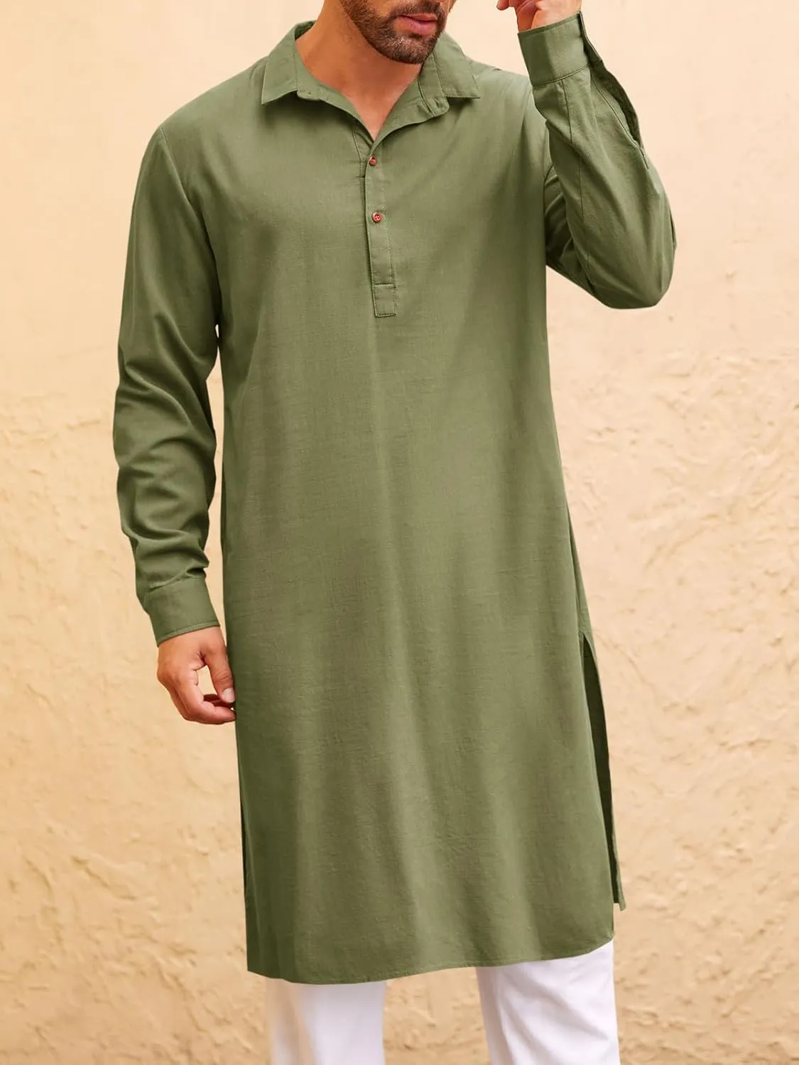 Runcati Mens Kaftan Robe Thobe Button Down Long Sleeve Cotton Linen Casual Muslim Gown Polo Shirt Kurta Tops