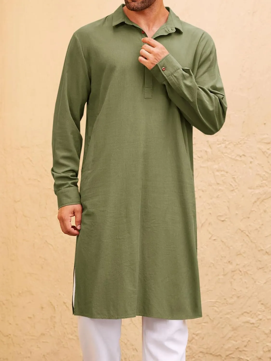 Runcati Mens Kaftan Robe Thobe Button Down Long Sleeve Cotton Linen Casual Muslim Gown Polo Shirt Kurta Tops