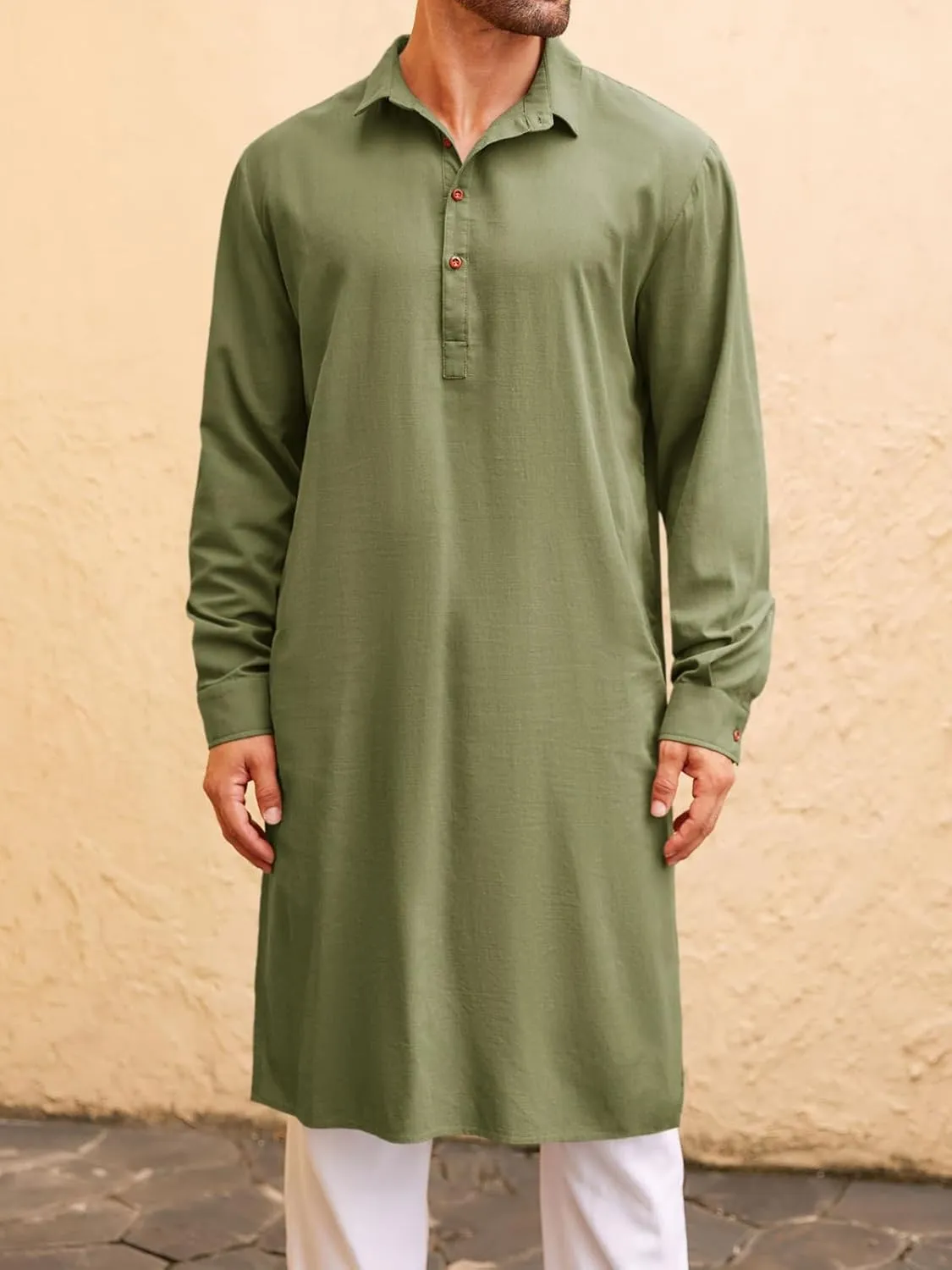 Runcati Mens Kaftan Robe Thobe Button Down Long Sleeve Cotton Linen Casual Muslim Gown Polo Shirt Kurta Tops