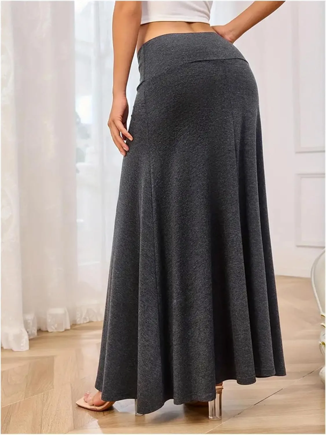 SEAFORM Casual Flowy Long Skirts for Women, Jersey Knit Fabric Good Elasticity Ankle Length Maxi Skirt with High Waist.
