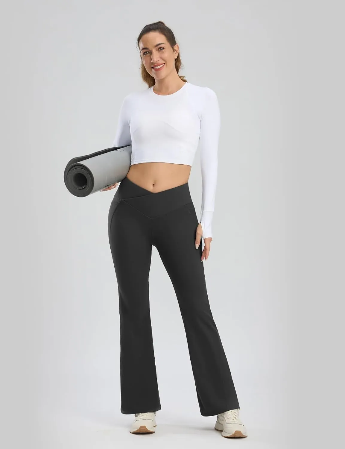 Seamaid Women's Fleece Lined Pants 30" Water Resistant Crossover Flare Leggings Winter Bell Bottom Yoga Pants with Pockets