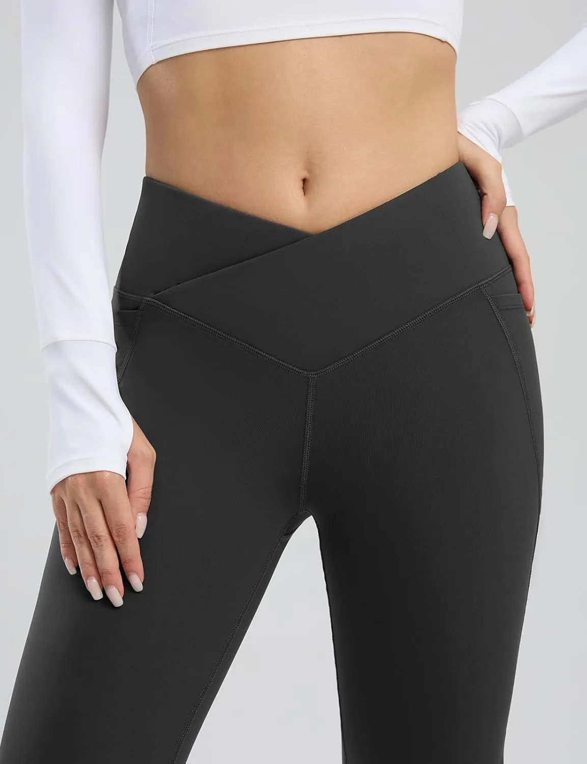 Seamaid Women's Fleece Lined Pants 30" Water Resistant Crossover Flare Leggings Winter Bell Bottom Yoga Pants with Pockets