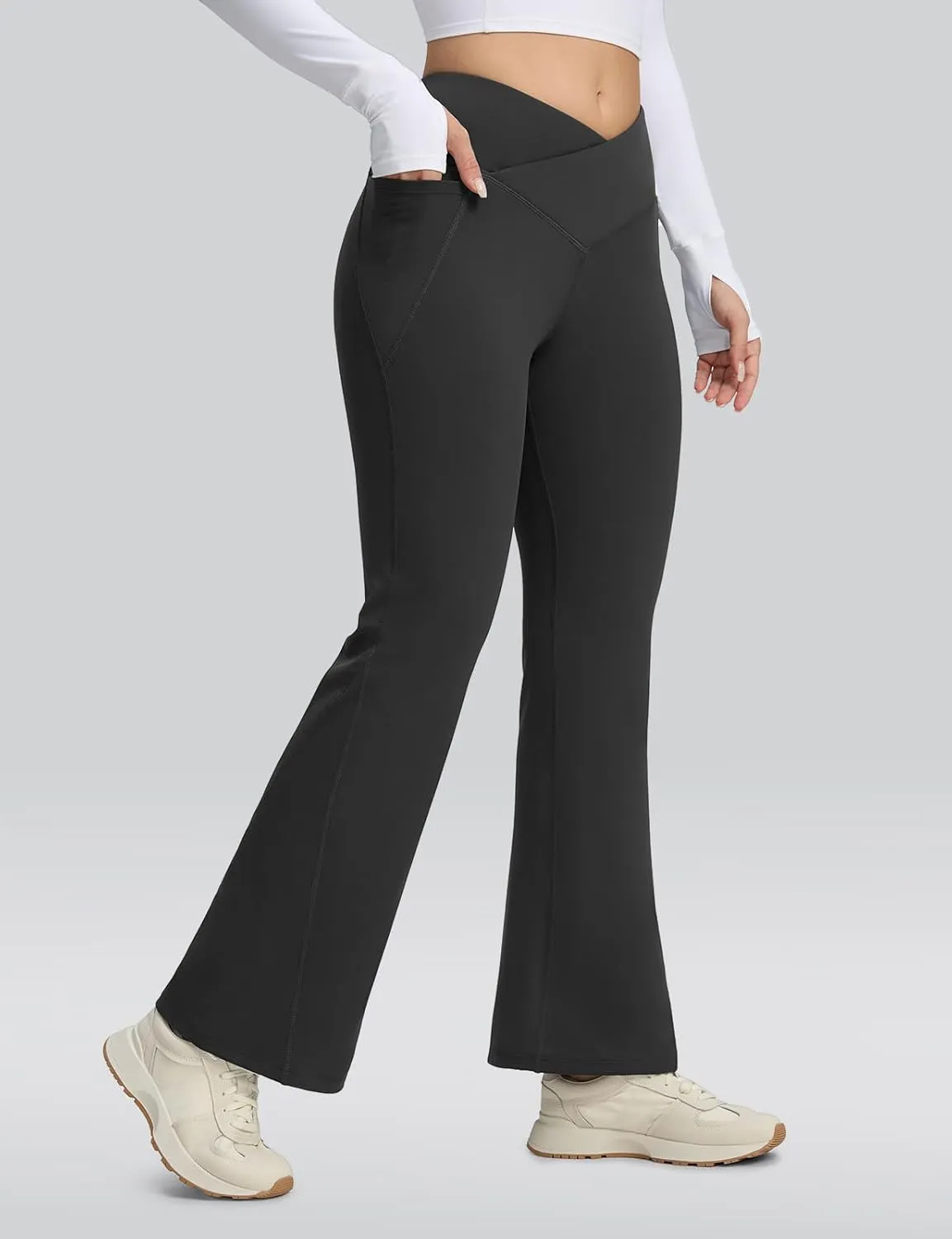 Seamaid Women's Fleece Lined Pants 30" Water Resistant Crossover Flare Leggings Winter Bell Bottom Yoga Pants with Pockets