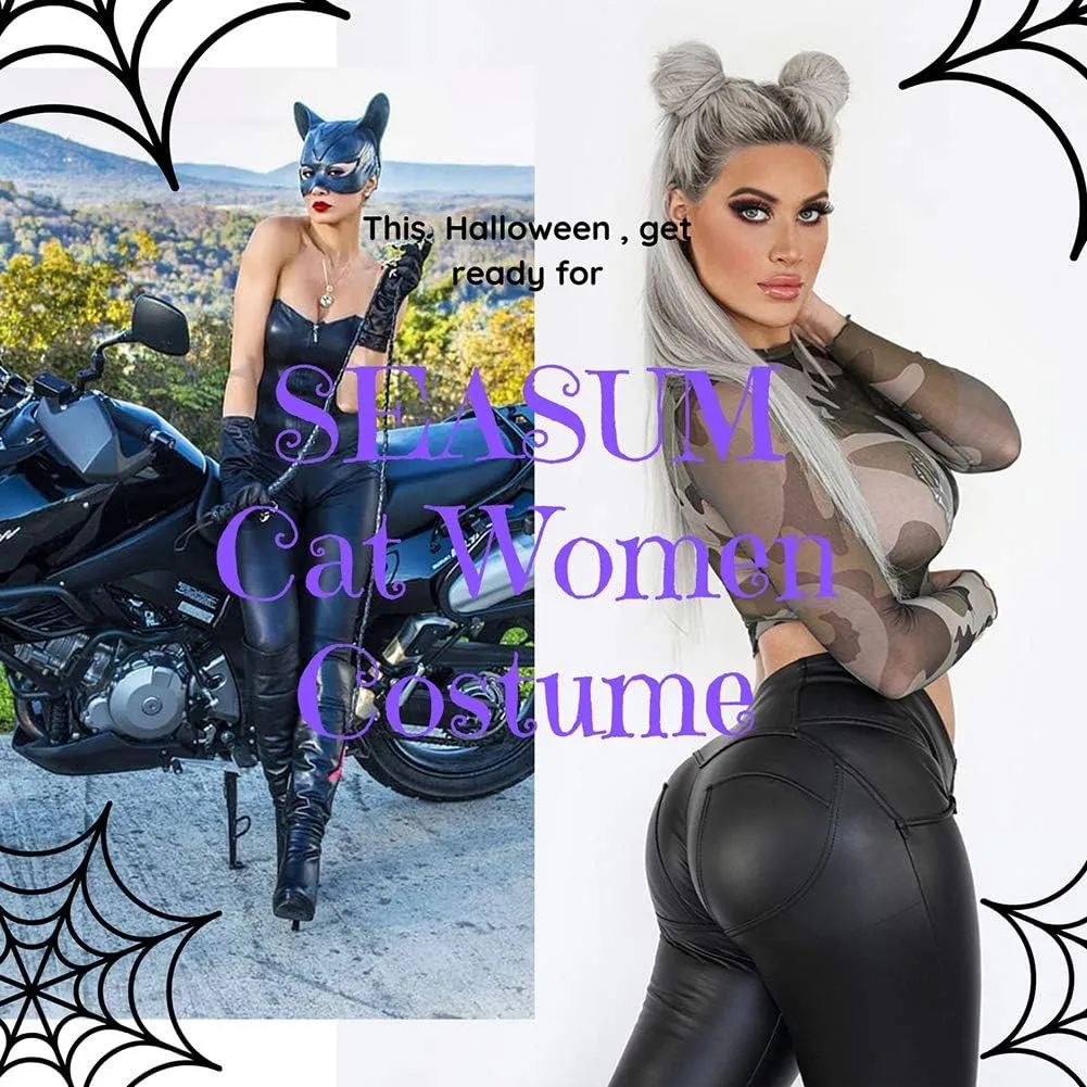 SEASUM Women's Faux Leather Leggings Pants PU Elastic Shaping Hip Push Up Black Sexy Stretchy High Waisted Tights