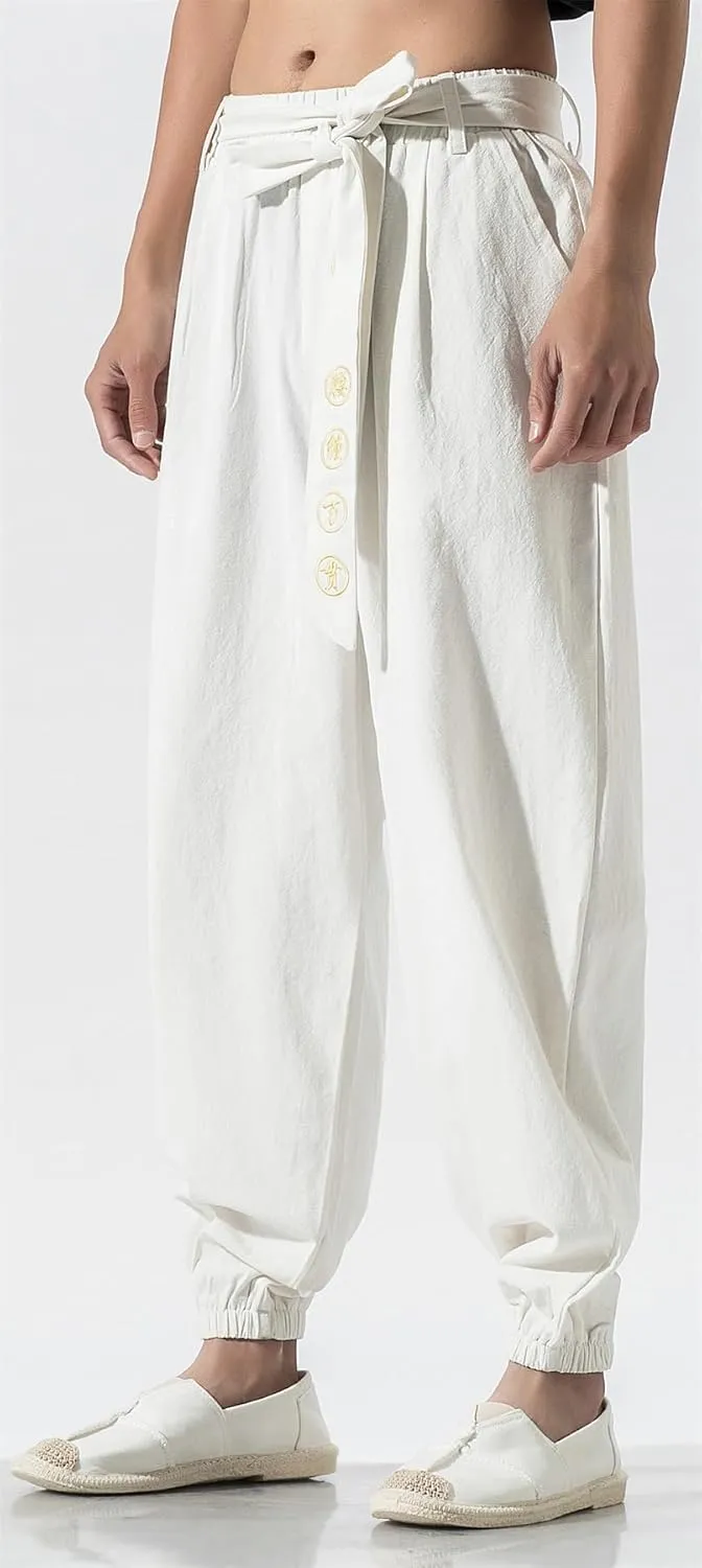 Seidarise Men's Linen Cargo Jogger Pant Japanese Hip Hop Sweatpants Harem Pants Sports