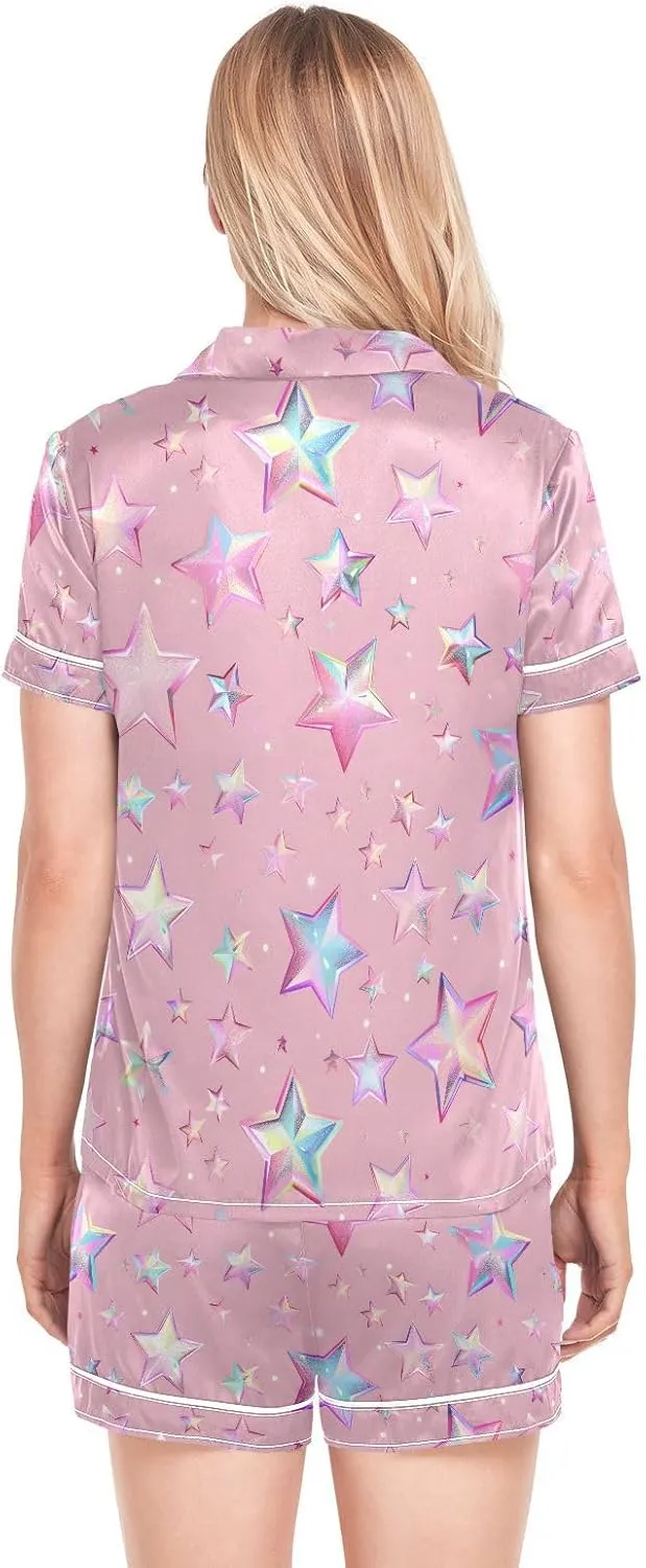 senya Silk Satin Pajama Sets for Women Cat Dog Flowers Short Sleeve