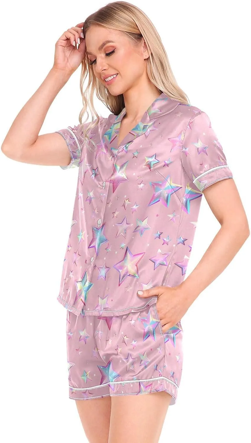 senya Silk Satin Pajama Sets for Women Cat Dog Flowers Short Sleeve