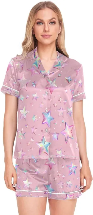 senya Silk Satin Pajama Sets for Women Cat Dog Flowers Short Sleeve