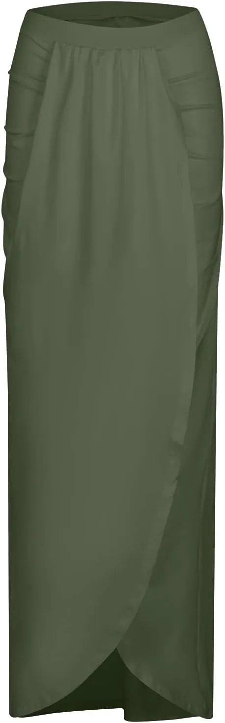 SERYU Women's Casual Slit Wrap Asymmetrical Elastic High Waist Maxi Draped Skirt