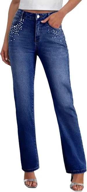 Sidefeel Women's Straight Leg Jeans High Waisted Stretchy Rhinestone Wide Leg Denim Pants