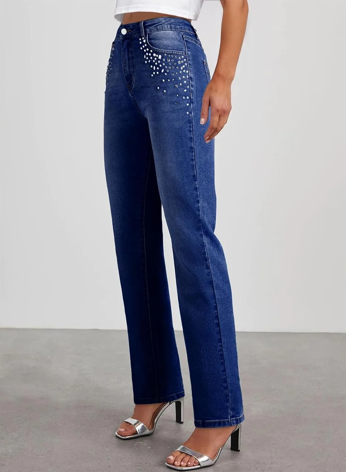 Sidefeel Women's Straight Leg Jeans High Waisted Stretchy Rhinestone Wide Leg Denim Pants