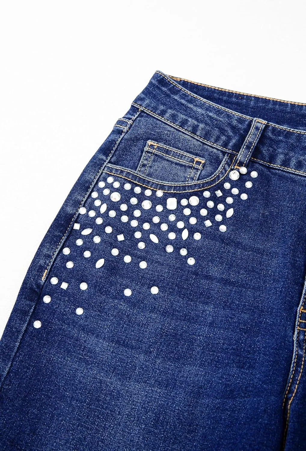 Sidefeel Women's Straight Leg Jeans High Waisted Stretchy Rhinestone Wide Leg Denim Pants
