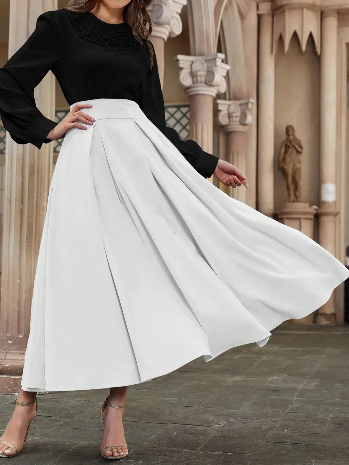 Skirts for Women Trendy Summer 2025 High Waist Pleated Solid Color A Line Midi Skirt