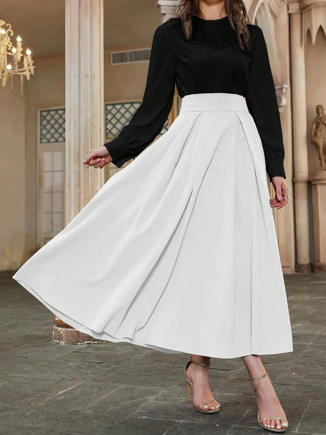 Skirts for Women Trendy Summer 2025 High Waist Pleated Solid Color A Line Midi Skirt