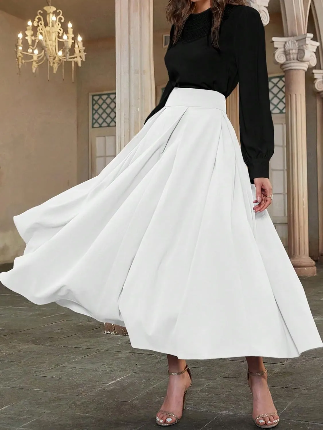 Skirts for Women Trendy Summer 2025 High Waist Pleated Solid Color A Line Midi Skirt