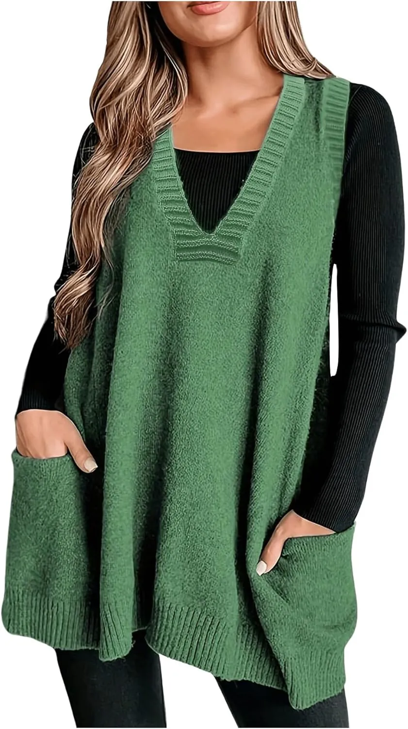 SOLY HUX Women's Plus Size Sweater Vest V Neck Sleeveless Loose Fit Knit Pullover Tank Tops with Pockets