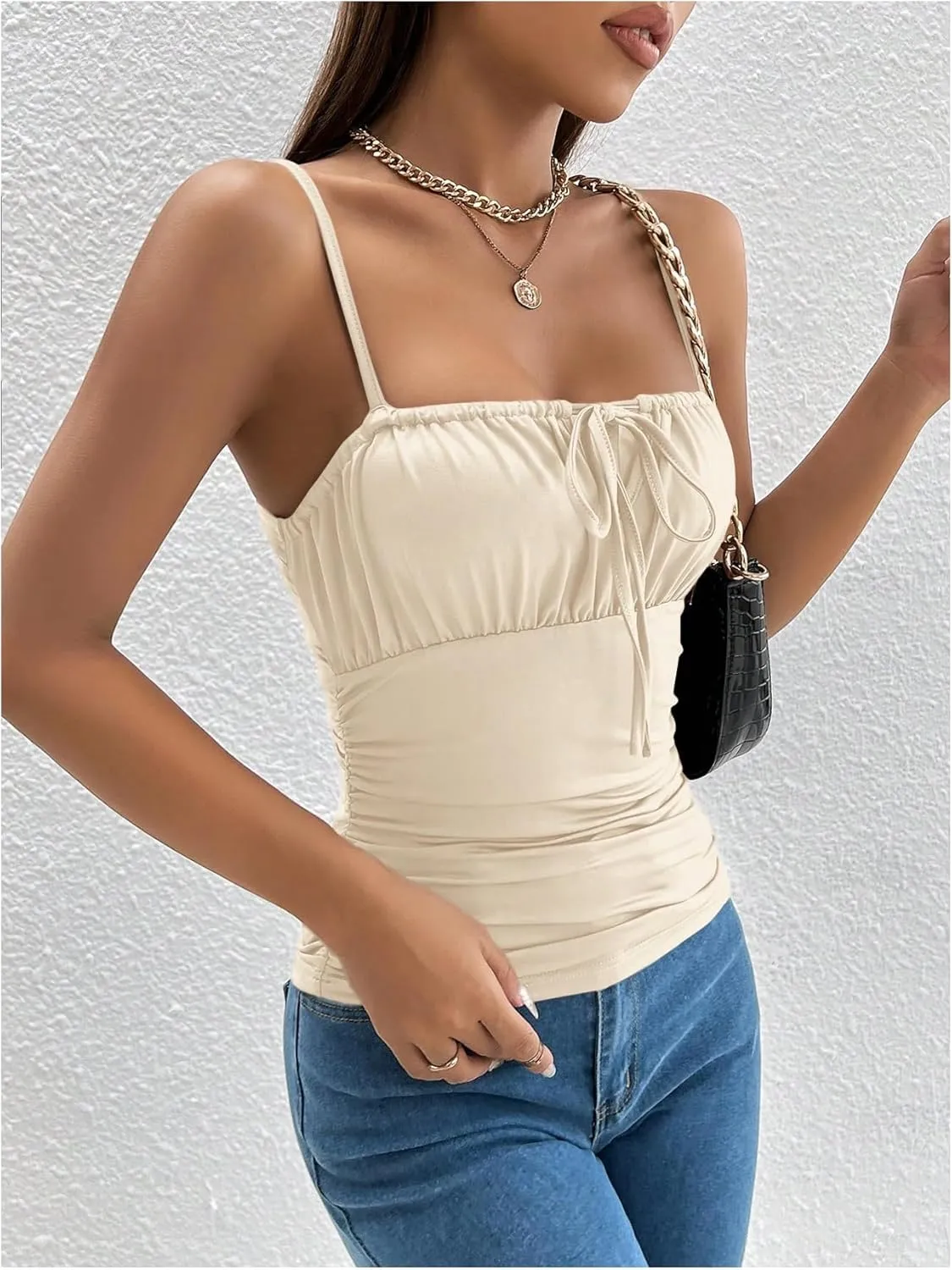 SOLY HUX Women's Sexy Ruched Bust Tie Knot Front Cami Top Sleeveless Backless Slim Fit Camisole