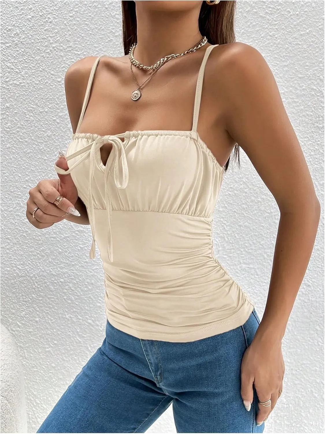 SOLY HUX Women's Sexy Ruched Bust Tie Knot Front Cami Top Sleeveless Backless Slim Fit Camisole
