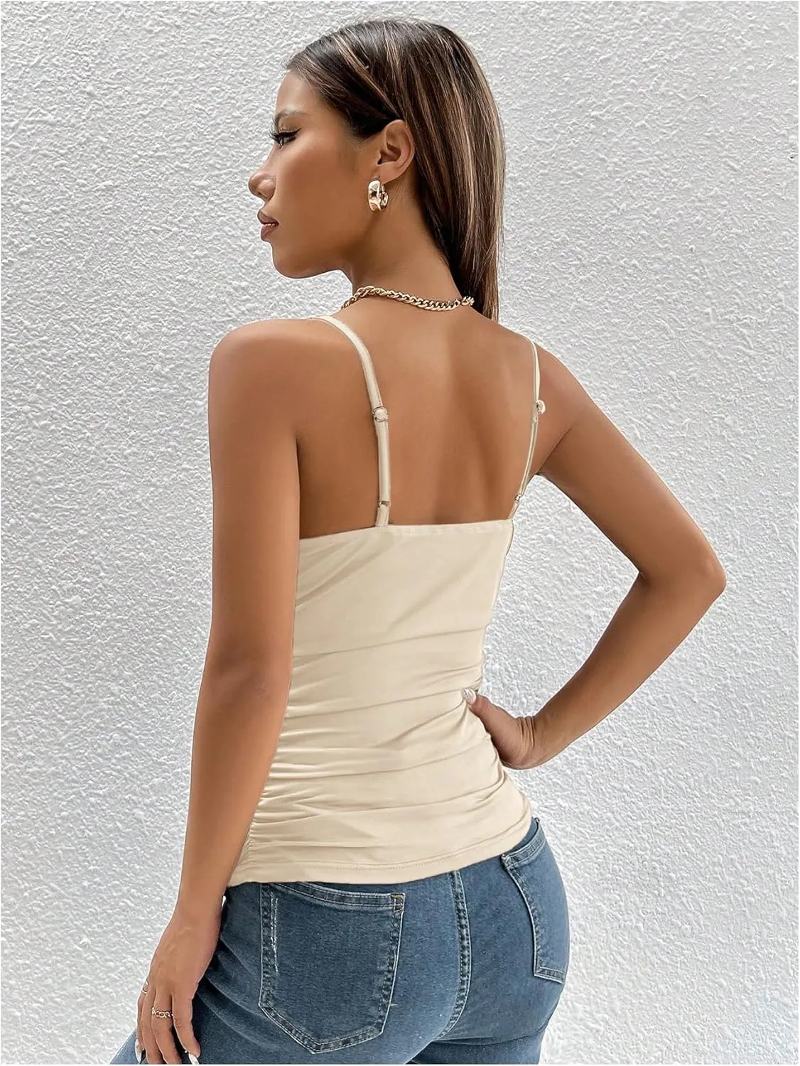 SOLY HUX Women's Sexy Ruched Bust Tie Knot Front Cami Top Sleeveless Backless Slim Fit Camisole