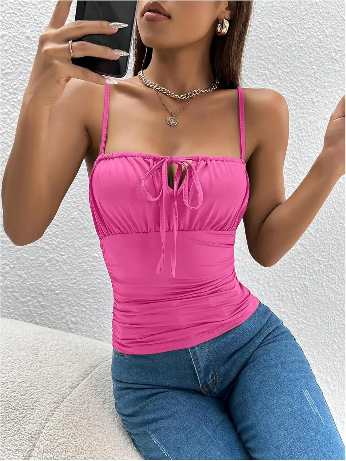 SOLY HUX Women's Sexy Ruched Bust Tie Knot Front Cami Top Sleeveless Backless Slim Fit Camisole