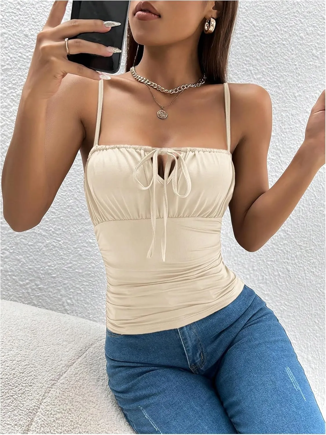 SOLY HUX Women's Sexy Ruched Bust Tie Knot Front Cami Top Sleeveless Backless Slim Fit Camisole
