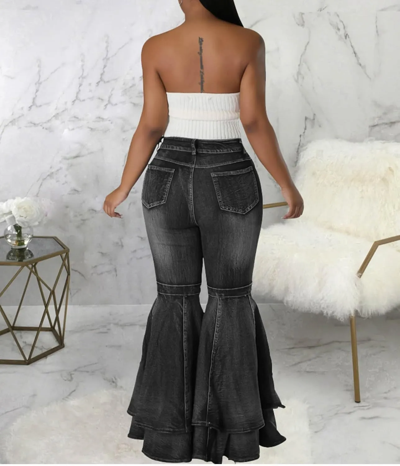 SOMTHRON Women's Bell Bottom Jeans High Waisted Pleated Layered Ruffle Hem Flared Wide Leg Vintage 70s Denim Pants
