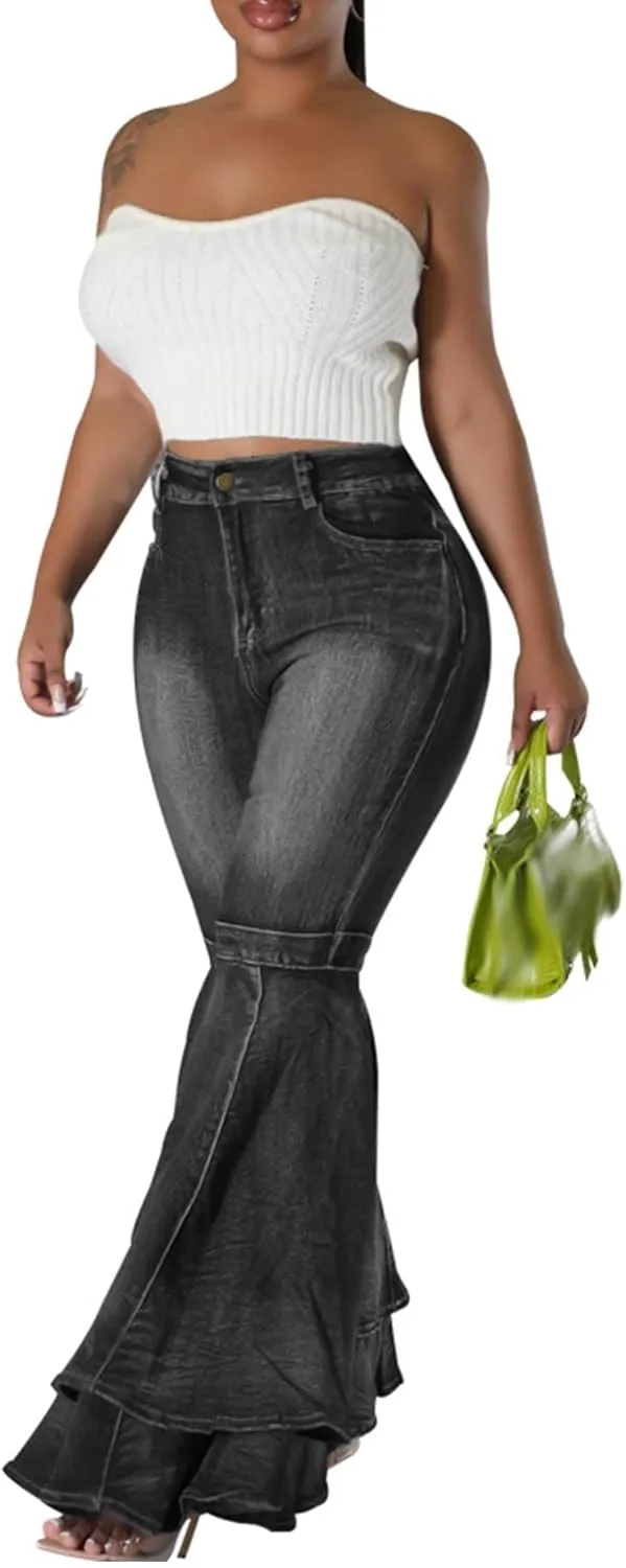 SOMTHRON Women's Bell Bottom Jeans High Waisted Pleated Layered Ruffle Hem Flared Wide Leg Vintage 70s Denim Pants