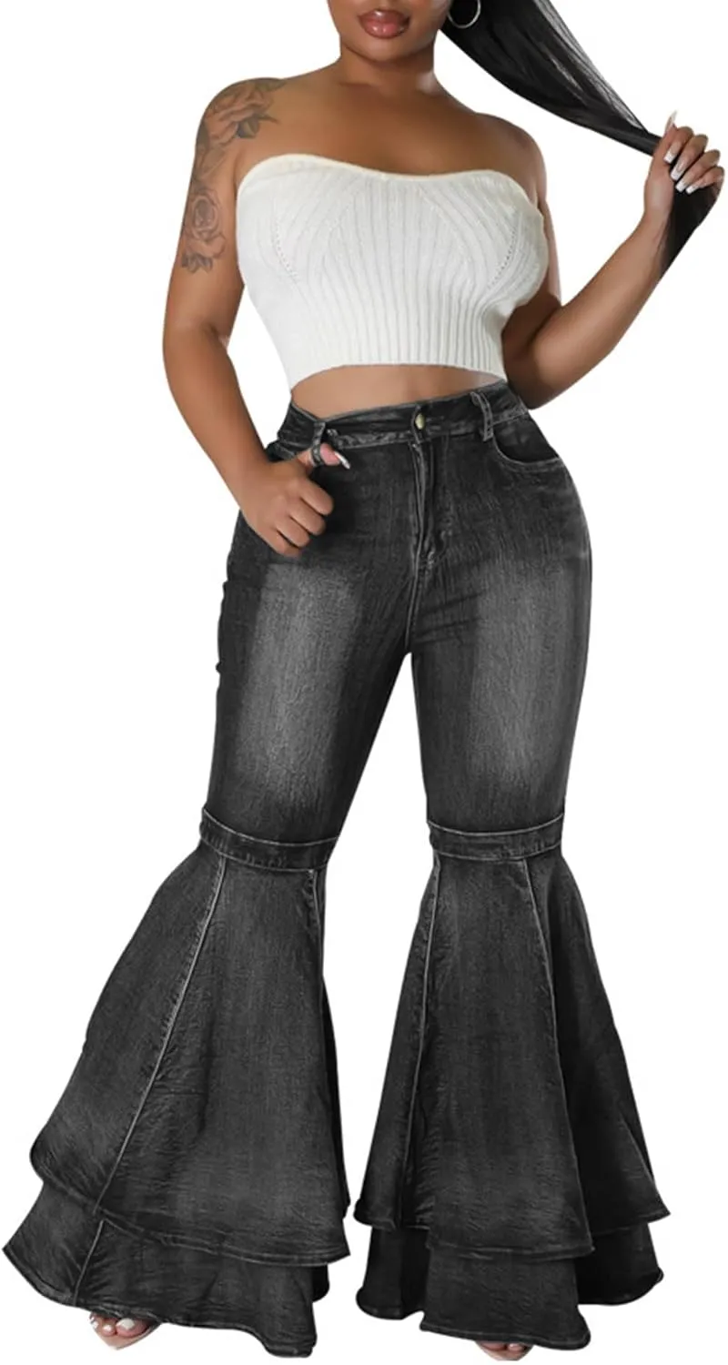 SOMTHRON Women's Bell Bottom Jeans High Waisted Pleated Layered Ruffle Hem Flared Wide Leg Vintage 70s Denim Pants