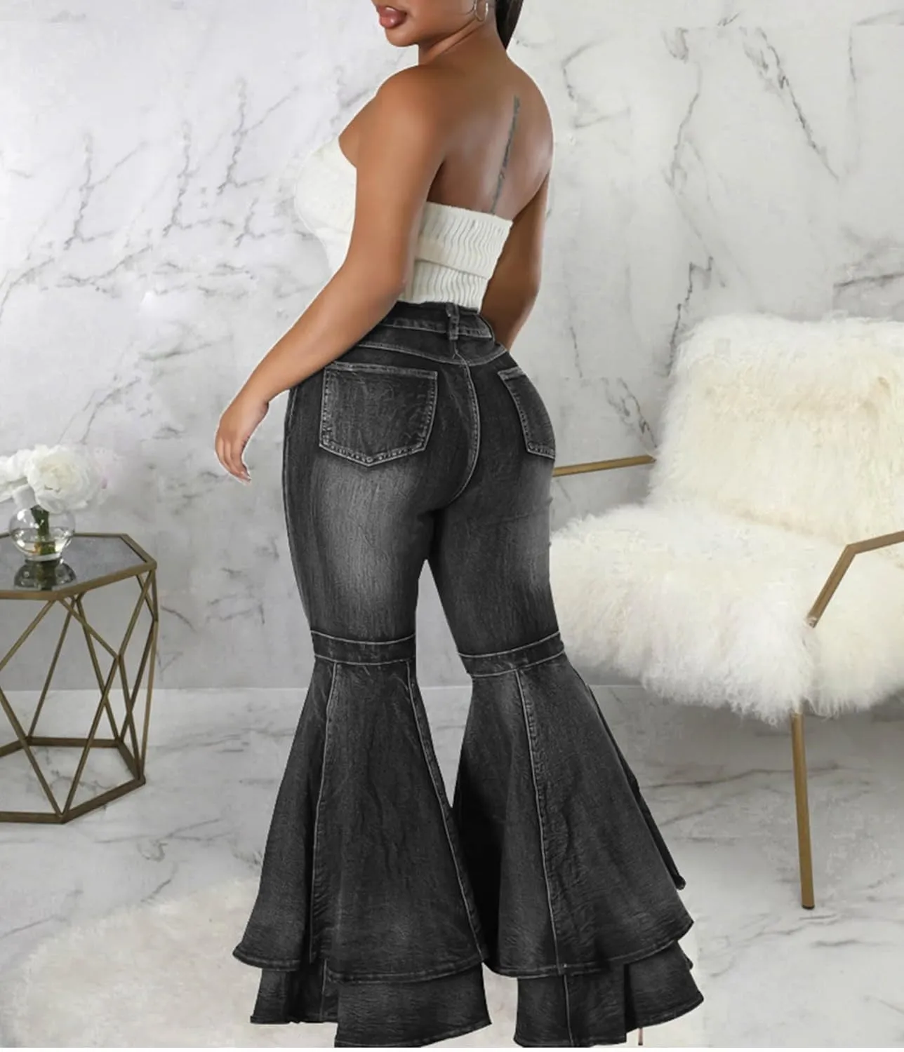 SOMTHRON Women's Bell Bottom Jeans High Waisted Pleated Layered Ruffle Hem Flared Wide Leg Vintage 70s Denim Pants