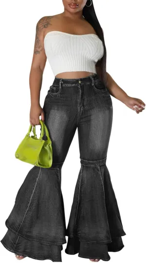 SOMTHRON Women's Bell Bottom Jeans High Waisted Pleated Layered Ruffle Hem Flared Wide Leg Vintage 70s Denim Pants