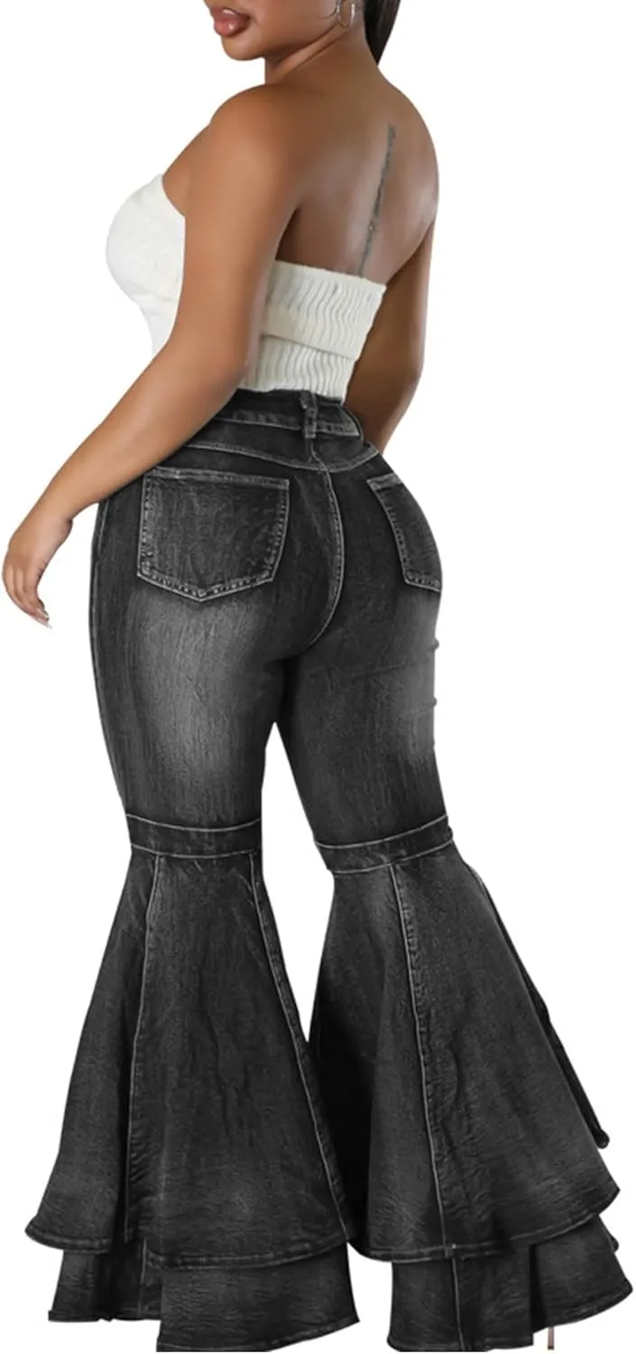 SOMTHRON Women's Bell Bottom Jeans High Waisted Pleated Layered Ruffle Hem Flared Wide Leg Vintage 70s Denim Pants