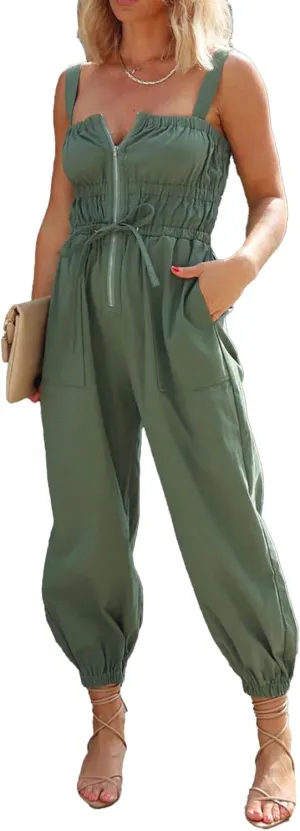 SOMTHRON Women's Cargo Jumpsuit Smocked Sleeveless Adjustable Straps Jogger Pants Zip Up Rompers Overalls