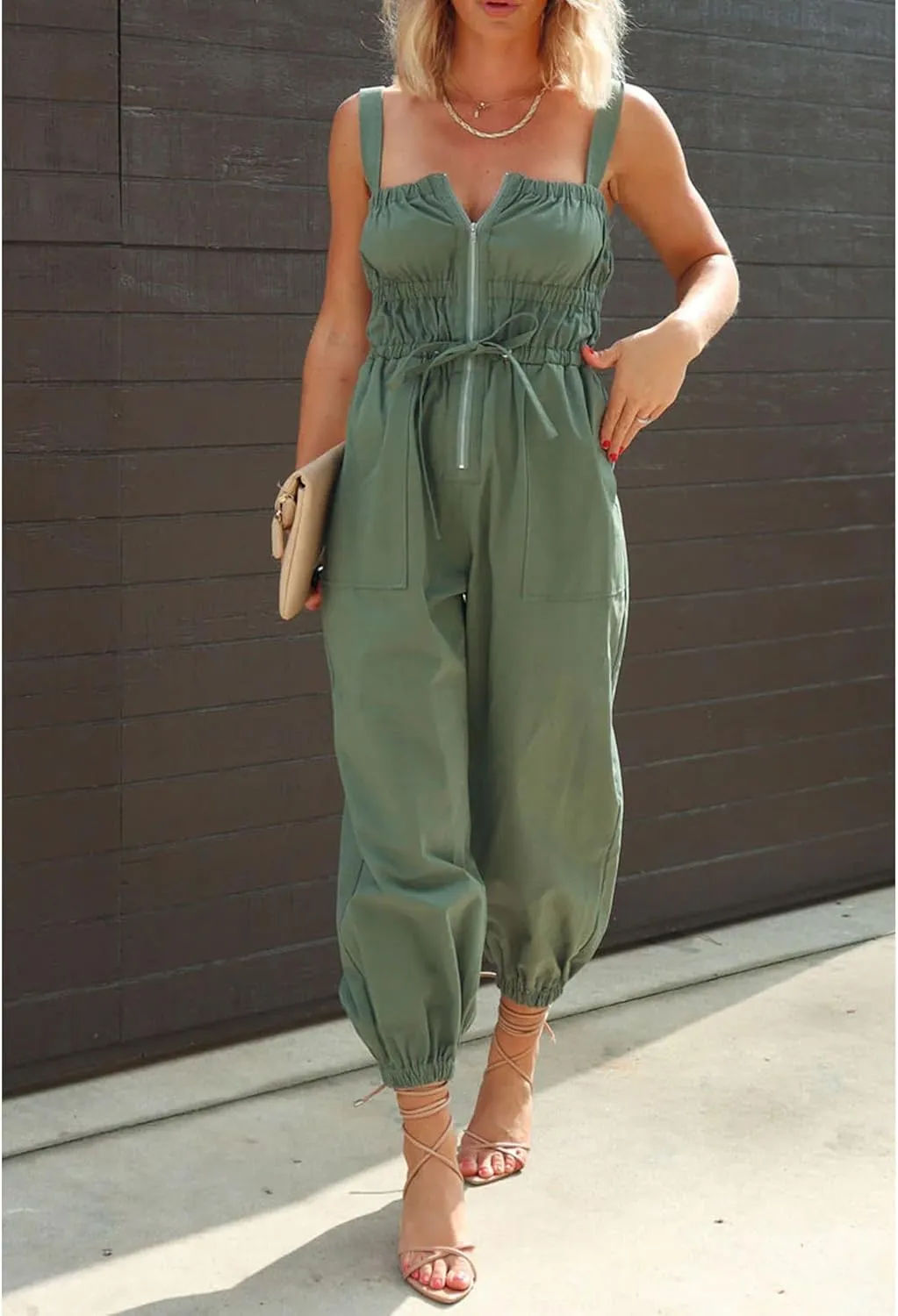 SOMTHRON Women's Cargo Jumpsuit Smocked Sleeveless Adjustable Straps Jogger Pants Zip Up Rompers Overalls