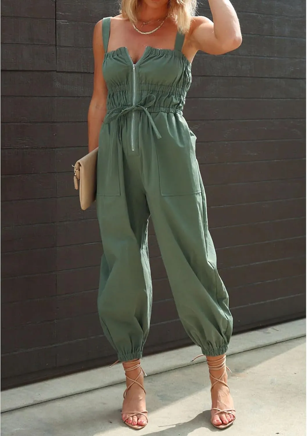 SOMTHRON Women's Cargo Jumpsuit Smocked Sleeveless Adjustable Straps Jogger Pants Zip Up Rompers Overalls
