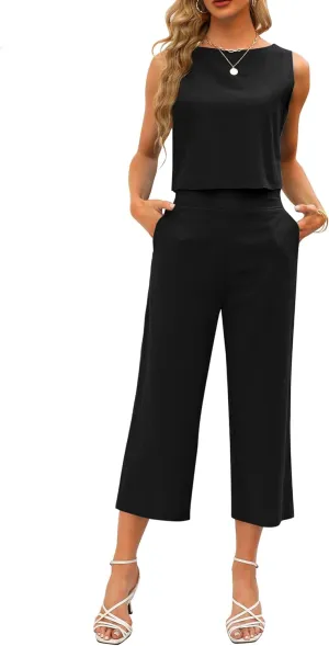 Sucolan Summer 2 piece outfits for women Round Neck Back with Buttons Sleeveless Tank Wide Leg Pants Sets with Pockets