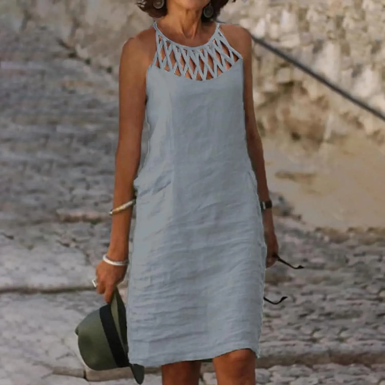 Summer Dresses for Women 2025 Casual Trendy Hollow Out Halter Neck A-line Sundress Beach Vacation Outfits Midi Dress