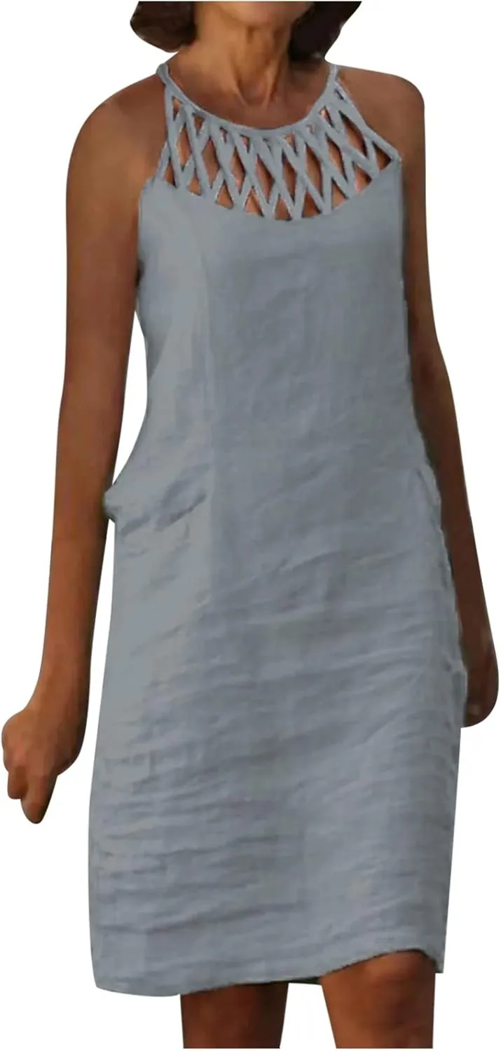 Summer Dresses for Women 2025 Casual Trendy Hollow Out Halter Neck A-line Sundress Beach Vacation Outfits Midi Dress