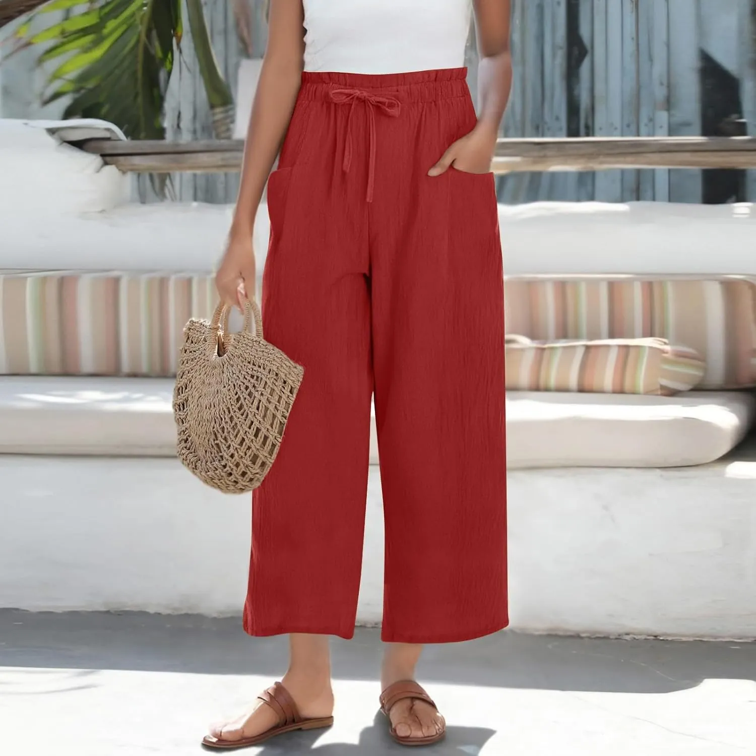 Summer Linen Pants for Women 2025 High Waist Elastic Straight Leg Palazzo Pant Lightweight Flowy Beach Trousers