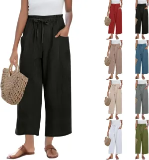 Summer Linen Pants for Women 2025 High Waist Elastic Straight Leg Palazzo Pant Lightweight Flowy Beach Trousers